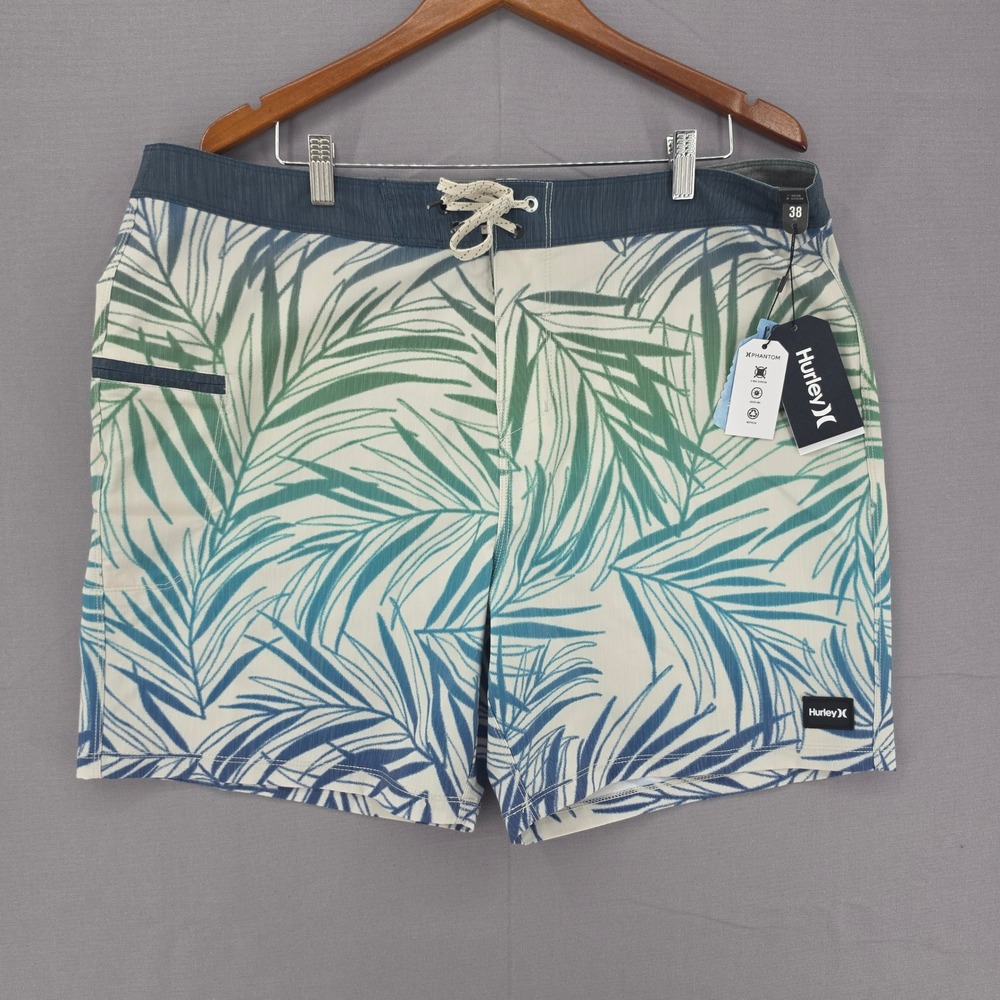 Hurley Phantom Board Shorts Mens 38 Green Teal Palm Leaf Tropical Swim Trunks